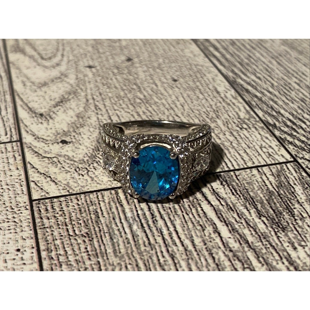 Sz 8 Cushion Cut 925 Ring Blue Topaz Color Stone Sterling Silver Filigree Signed